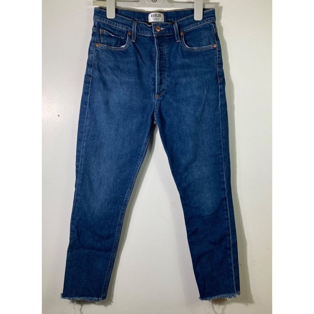 Womens Agolde Nico High Rise Slim Jean Button Fly‎ Raw Hem Dark Blue 29